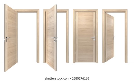 Set Of Classic Style Solid Wood Doors Closed And Open Outside, Inside Of House Room. Simple Modern Light Pine Wooden 3D Doorways For Home Interior Design