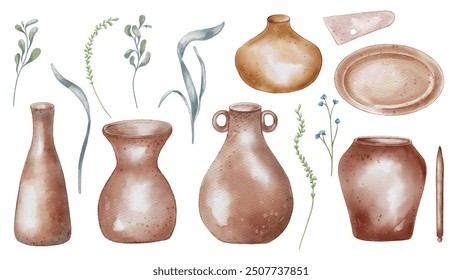 Set of clay dishes and plant stems hand drawn. Pottery vases and jugs with floral elements watercolor illustration isolated. Kitchen utensil handmade pottery art. Element for ceramics workshop - Powered by Shutterstock