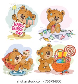 Set Of Clip Art Illustrations Of Brown Teddy Bear Wishes You A Happy Birthday. Print, Template, Design Element For Greeting Cards