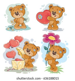 Set Of Clip Art Illustrations Of Enamored Teddy Bears In Various Poses - Holding A Bouquet Of Flowers, Heart, Unpacks The Gift