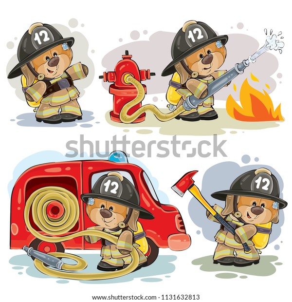 Set\
of clipart illustrations of teddy bear firefighter with rescue\
equipment isolated on white. Prints, design\
elements