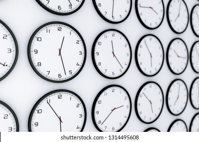 Set of Clocks with Different World Time on a white background. 3d Rendering 