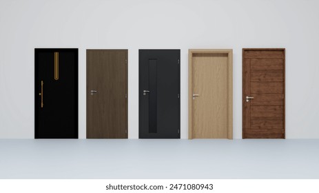 Set of closed entrance house and rooms doors, realistic 3D isolated on white background. Building interior and exterior. Isolated Door in different colors and metallic door handles. 3D Rendering
