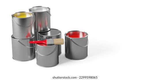 Set of closed and open paint cans with paint brush over white background, home improvement, renovation or construction work concept, 3D illustration