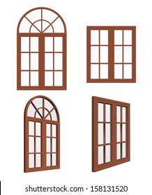 Set of closed wooden windows. For interior and exterior use. 3D image isolated on white background 