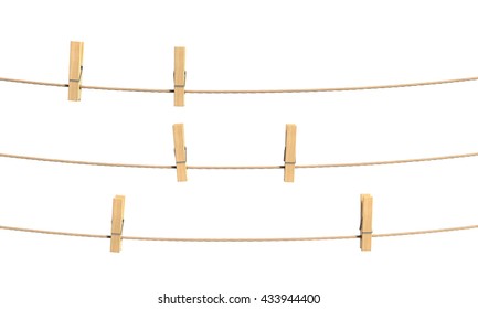 Set of clothespin on the rope. 3d illustration