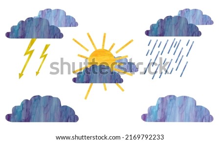 Set of clouds with rain, sun, lightning. Isolated on a white background. Watercolor illustration in collage technique.