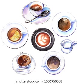 Set Of Coffee Cups, Lemon Tea, Cappuccino And Milk. Top Down View. Watercolor Illustration Isolated On White Background.