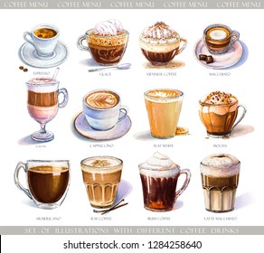 Set with coffee drinks for cafe or coffeehouse menu. Illustration of strong espresso, gentle latte, sweet macchiato and cappuccino, Viennese coffee and glace. Markers, watercolor. - Powered by Shutterstock