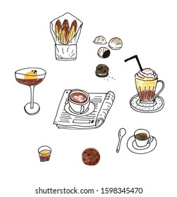 Set of Coffee drinks and pastry elements. Hand drawn coffeehouse menu design elements. Viennese, filter, cappuccino , macchiato, espresso, cookies, brownie, chocolate and tiramisu. - Illustration 
