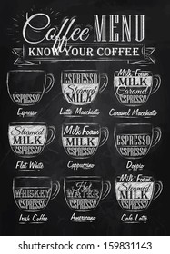 Set Of Coffee Menu With A Cups And Names Of Drinks In Vintage Style Drawing With Chalk On Chalkboard Background.