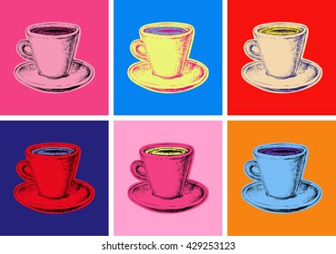 Set Of Coffee Mug Illustration Pop Art Style Andy Warhol