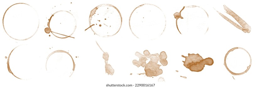 Set of Coffee stains isolated on a white background. Royalty high-quality free stock of Coffee and Tea Stains by Cup Bottoms. Collection of round coffee stain isolated, cafe stain fleck drink beverage