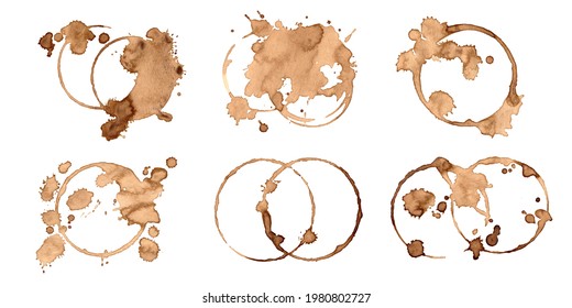 Set Coffee or tea black spots. Coffee spots with picture of nature. Dirty cup splash three rings stain or coffee stamp. Illustration for cafe design