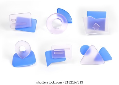 Set Collection 3D Icon Illustration Glassmorphism Blue Render