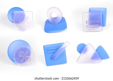 Set Collection 3D Icon Illustration Glassmorphism Blue Render