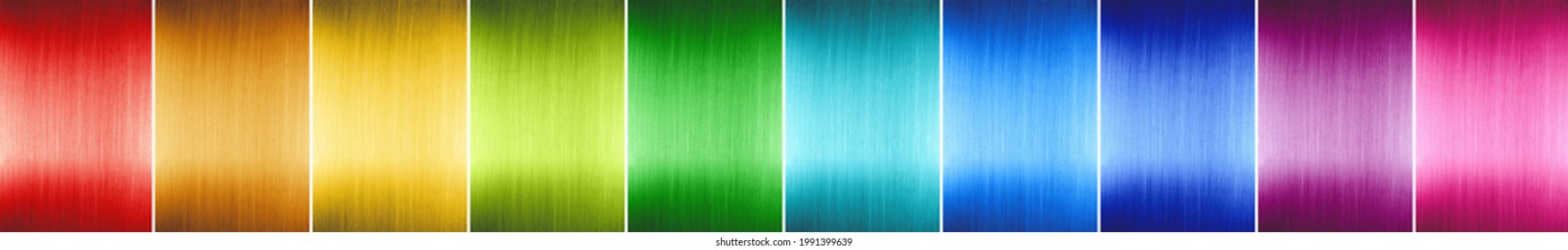 Set Collection Illustration Row Of Colorful Anodized Aluminum Sheet Metal Plate Texture Design Pattern In Rainbow Colors Isolated On White Panorama Background