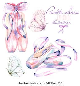 Set, collection of watercolor pointe shoes and butterflies illustration, hand drawn isolated on a white background