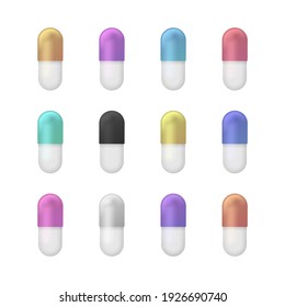 Set of color pills and tablets on white  background. Design template of Pills, Capsules for graphics, mockup. Medications. Medical and healthcare concept.