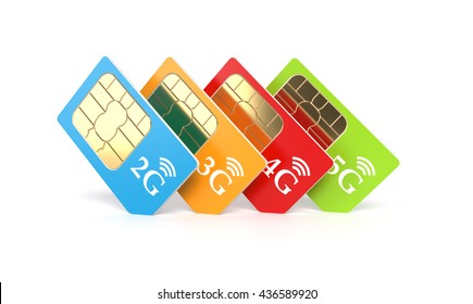 Set of color SIM cards with 2g, 3g, 4g, 5g technology icon isolated on white background. 3d rendering illustration