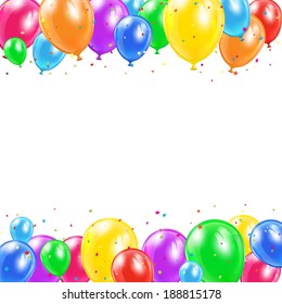 Set Of Colored Balloons And Confetti In The Form Of Star Flying On White Background, Illustration.