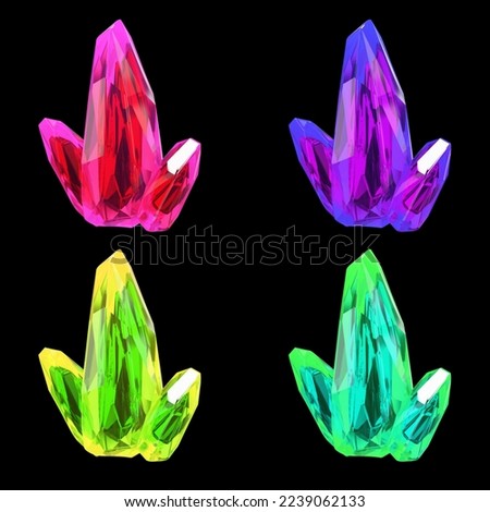 Set of colored crystals diamond three-dimensional 3d render on a black background