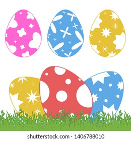 Set of colored  Easter eggs on green grass on a white background. With an abstract pattern. Simple flat  illustration. Suitable for decoration of postcards, advertising, magazines, websites.