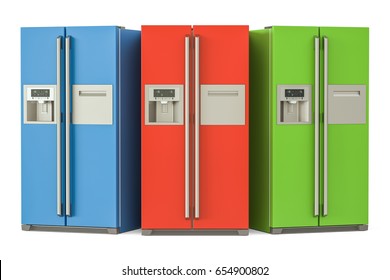 Set of colored refrigerators with side-by-side door system, 3D rendering