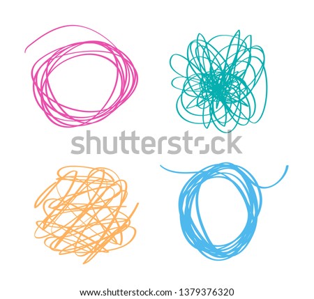 Set of colored tangled shapes on white. Chaos patterns. Scribble sketches. Colorful backgrounds with array of lines. Line art creation. Image for design