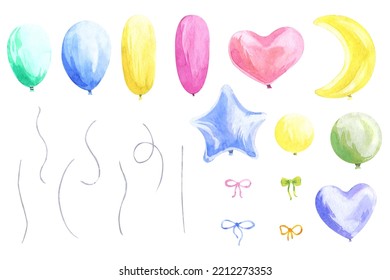 A Set Of Colorful Balloons Of Different Form And Other Elements For Holiday Decoration. All Elements Are Hand-drawn In Watercolor And Placed On A White Background For Ease Of Reference. For Your Ideas