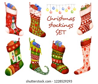 Set of a colorful Christmas stockings (socks shaped bag) hand drawn in watercolor isolated on a white background - Powered by Shutterstock