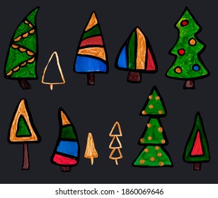 Set Of Colorful Christmas Trees Drawn In The Style Of A Child's Drawing