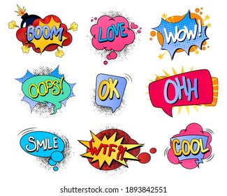 Set of colorful comic speech bubbles. Speech bubble,  pop art style text frames. Comic bubble speech, word comic cartoon, expression