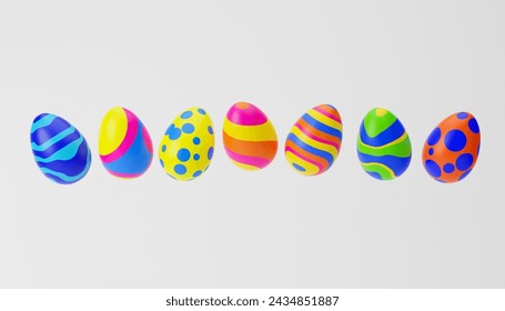 Set of colorful decorated Easter eggs isolated over white background. Mockup template. 3d rendering.