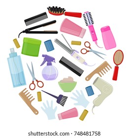 Set Of Colorful Equipments For Styling And Hair Care. Products And Tools For Home Remedies Of Hair Care. 