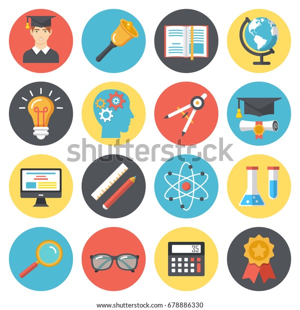 Set of colorful flat school university icons.\
Education and e-learning  illustrations. Flat design icons for web\
and mobile services and\
apps.