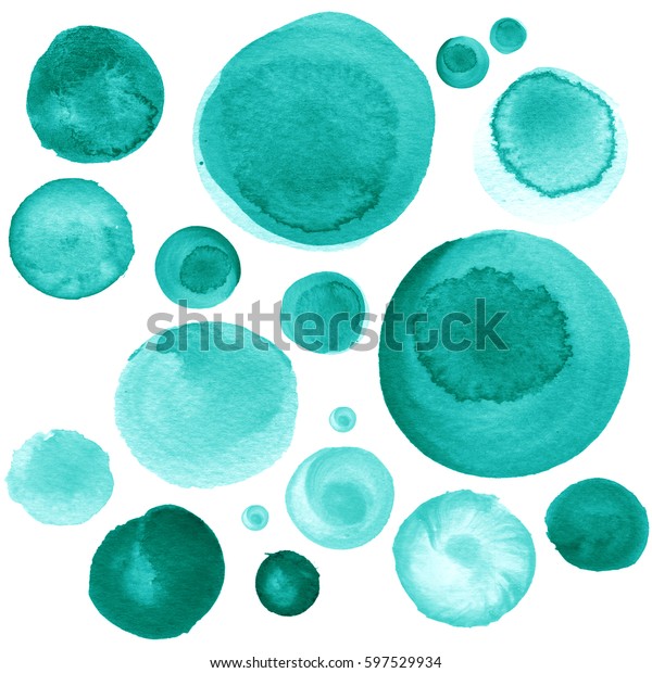 白い背景にカラフルな水彩の手描きの円 芸術的なデザイン用の水彩イラスト 丸いしみ 明るい青とミント色の染み のイラスト素材