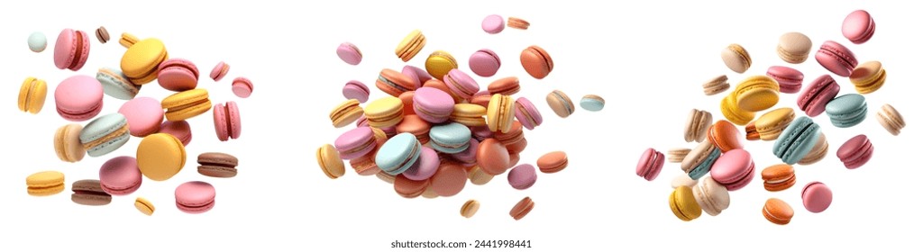 Set of colourful Macaroon Macaron flying floating falling dropping on white background cutout file. Many assorted different. Mockup template for artwork - Powered by Shutterstock