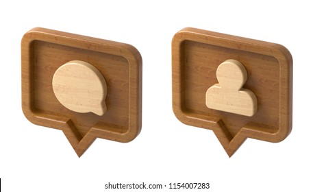 Set Comment And Follower Icon On A Wooden Pin Isolated On White Background. Wooden Symbol. 3d Render