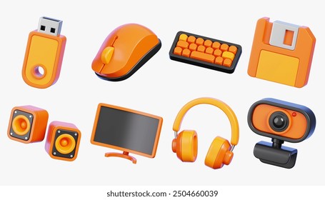 Set of Computer Hardware including Flash Drive, Mouse, Keyboard, Floppy Disk, Audio Speaker, Monitor, Headphones and Webcam. 3D Rendering Devices icons.