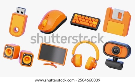 Set of Computer Hardware including Flash Drive, Mouse, Keyboard, Floppy Disk, Audio Speaker, Monitor, Headphones and Webcam. 3D Rendering Devices icons.