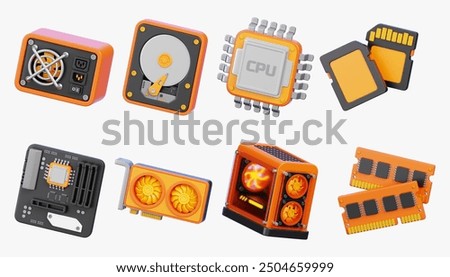 Set of Computer Hardware including Power Supply, HDD, CPU Chip, SD Card, Motherboard, Graphics Card, Case and RAM. 3D Rendering Devices icons.
