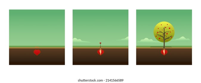 Set Of Conceptual Posters. Plant Your Heart In The Ground. Tree With Many Hearts. Multiply Good. Landscape, Sprout, Tree, World. Graphic Modern Illustration