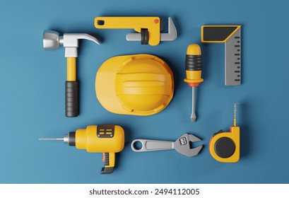 Set construction tools perfect for DIY, carpentry, and home improvement concepts. Top view on blue background. 3D render illustration - Powered by Shutterstock