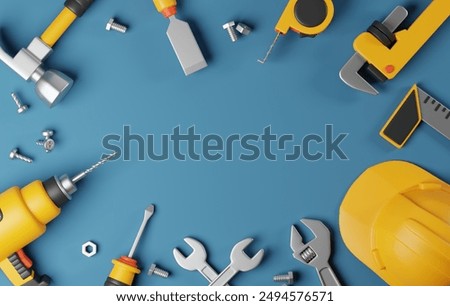 Set construction tools perfect for DIY, carpentry, and home improvement concepts. Top view on blue background. 3D render illustration