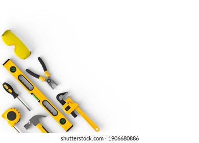 Set of construction tools for repair and installation on white background. 3d rendering and illustration of service banner for house plumber or repairman