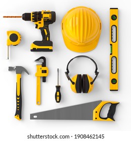 Set of construction tools for repair and installation on white background. 3d rendering and illustration of service banner for house plumber or repairman - Powered by Shutterstock