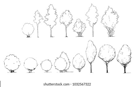 A set of contour elements for architectural drawings and visualizations made in manual graphics. Trees and bushes