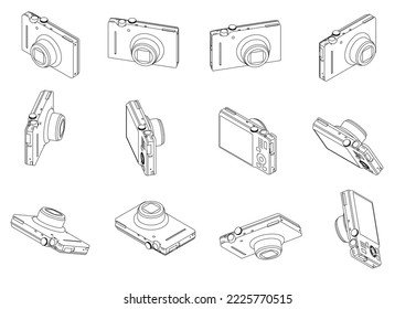 Set with the contours of the camera in different positions from black lines isolated on a white background. 3D illustration.