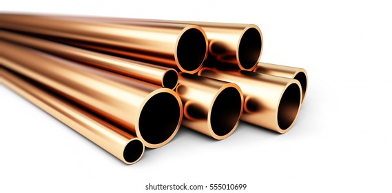 Set of copper pipes of different diameter . Isolated on White Background. 3D illustration